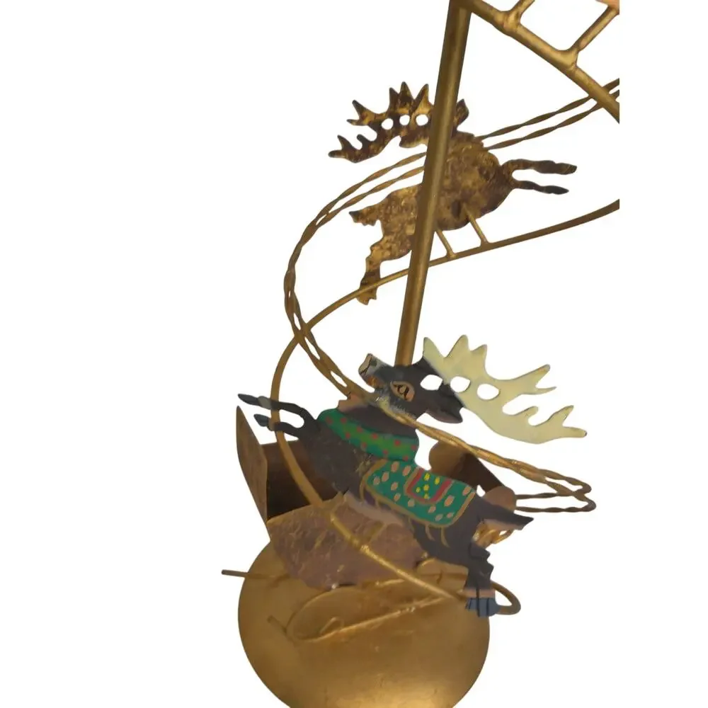 Vintage Christmas Brass Spiral Reindeer Sleigh Candle Holders Decor Set of 2